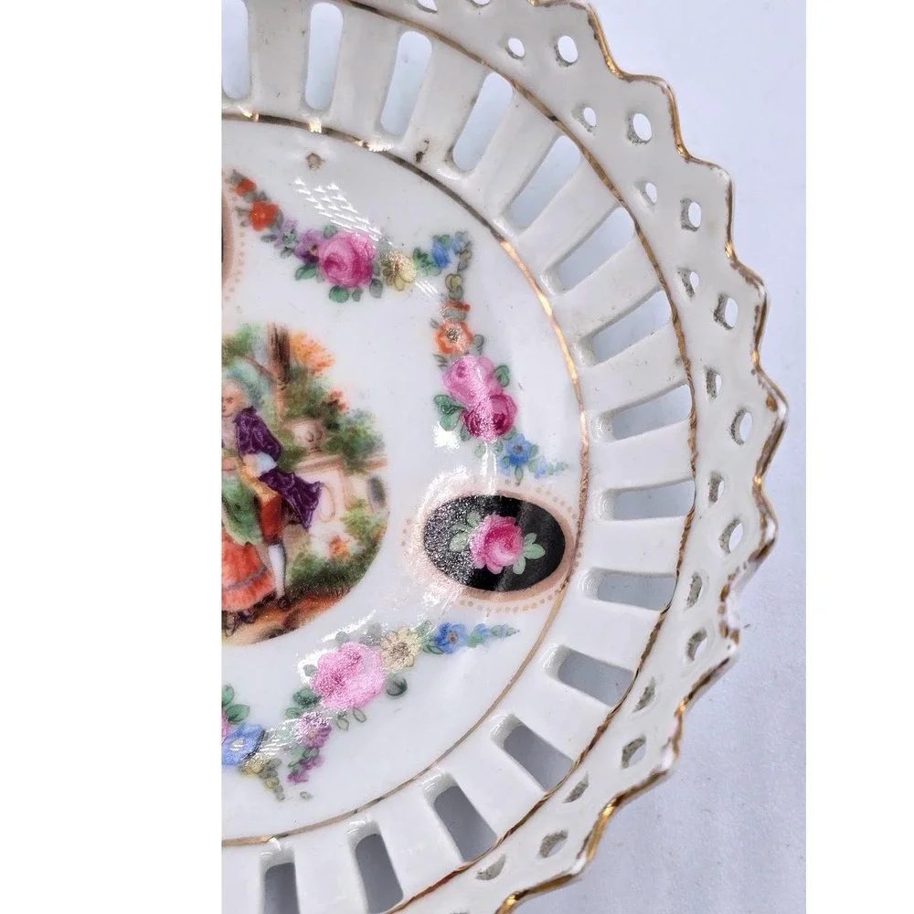 Vintage Bavaria‎ Reticulated Porcelain Dish Bowl Couple Pink Floral 3 7/8